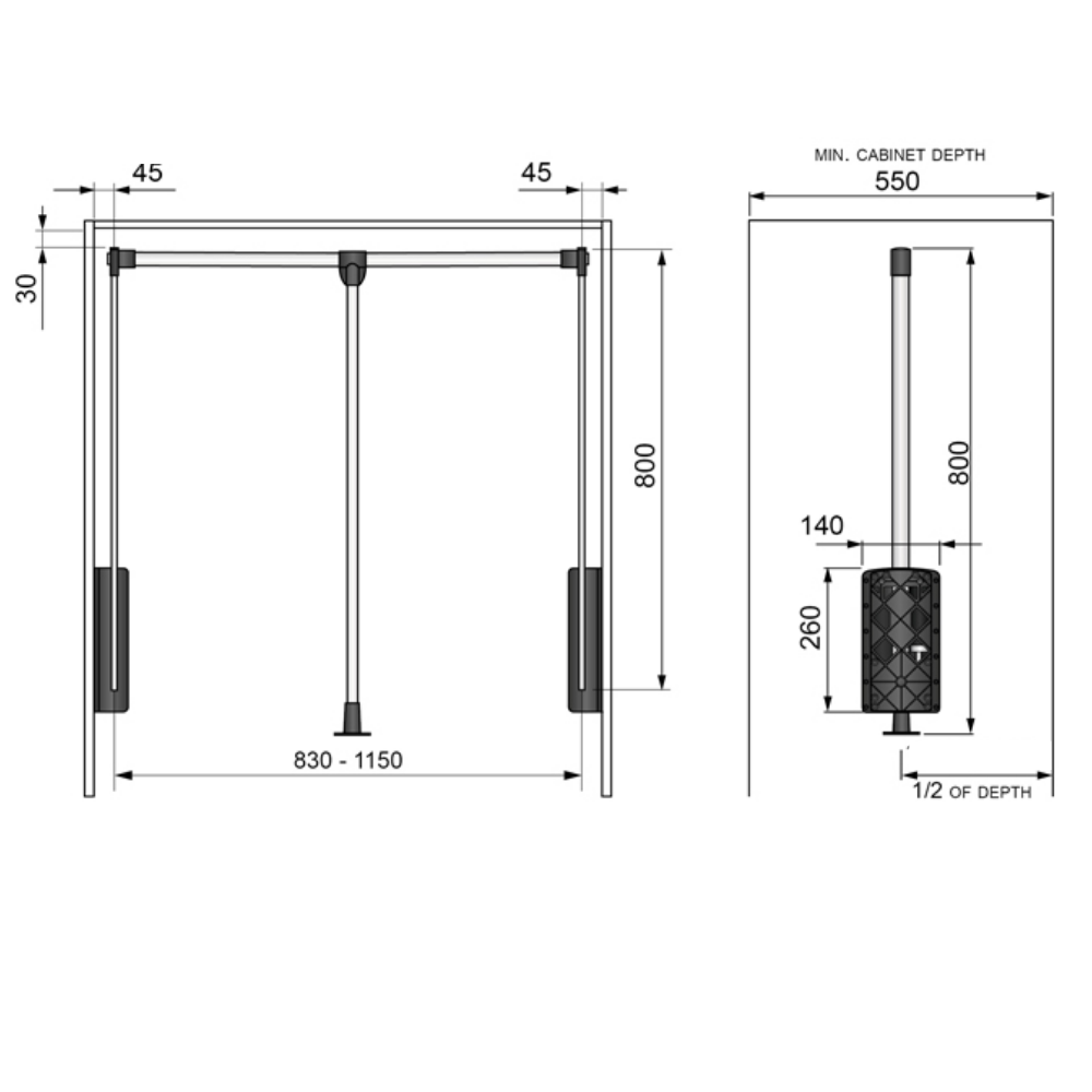 Pull Down Wardrobe Rail 830-1150mm