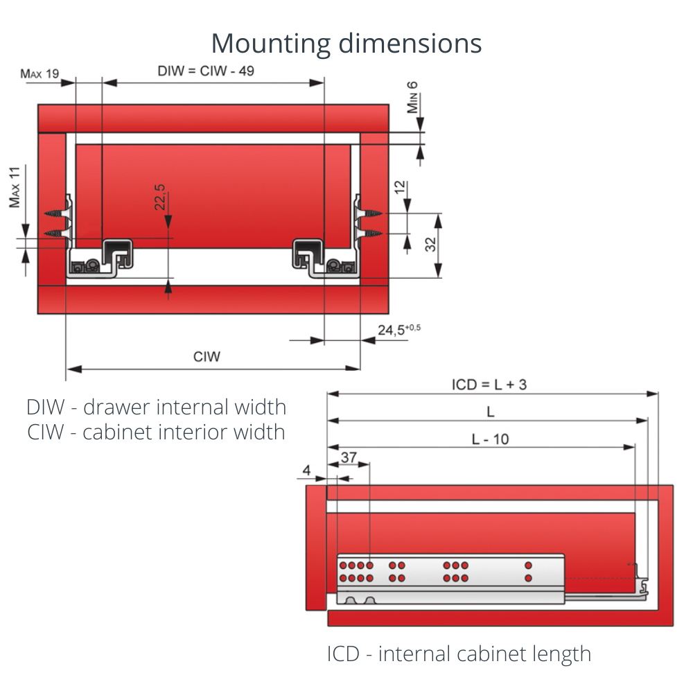 Soft-Close Concealed Undermount Drawer Runners, 3/4 Extension - 500mm