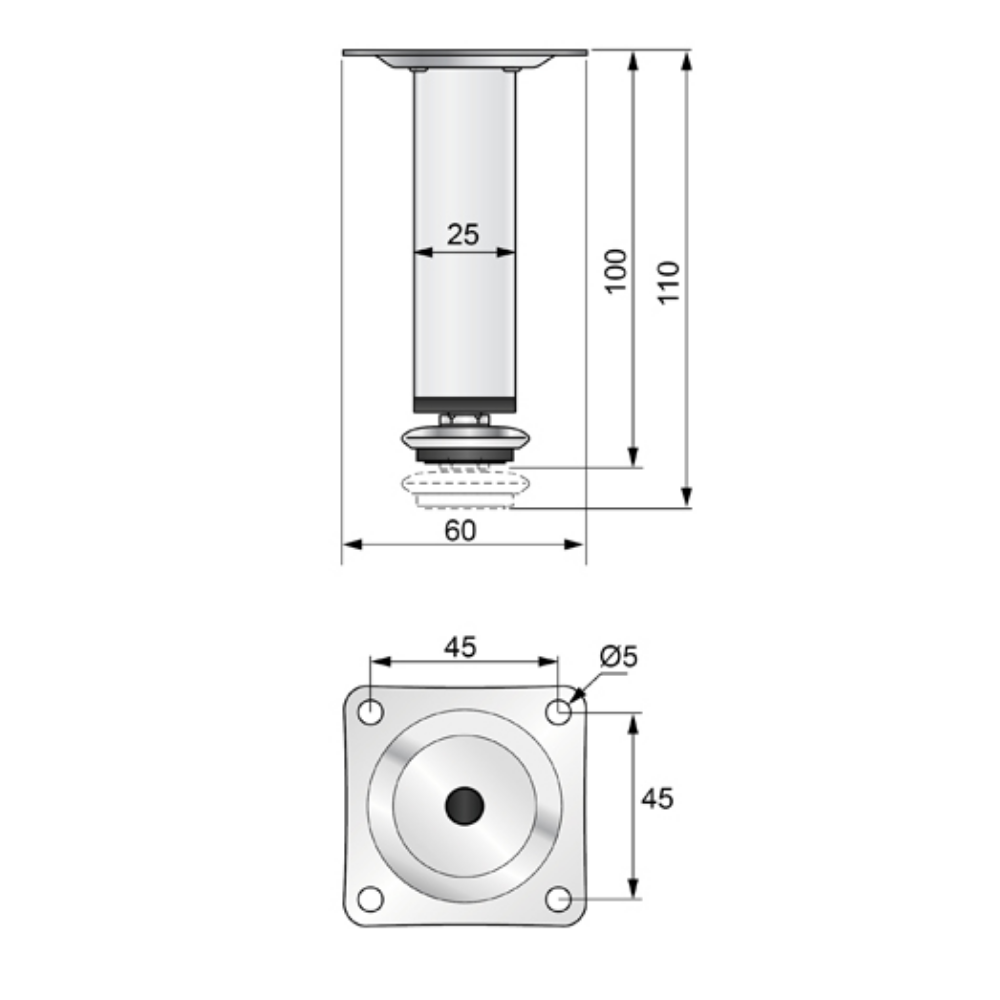 Square Furniture Leg 25x25mm - H100mm Chrome