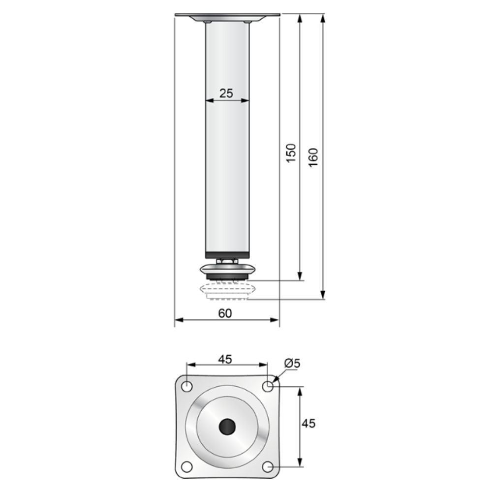 Square Furniture Leg 25x25mm - H150mm Chrome