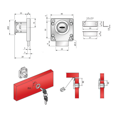 Square Furniture Lock 19x22mm, Chrome