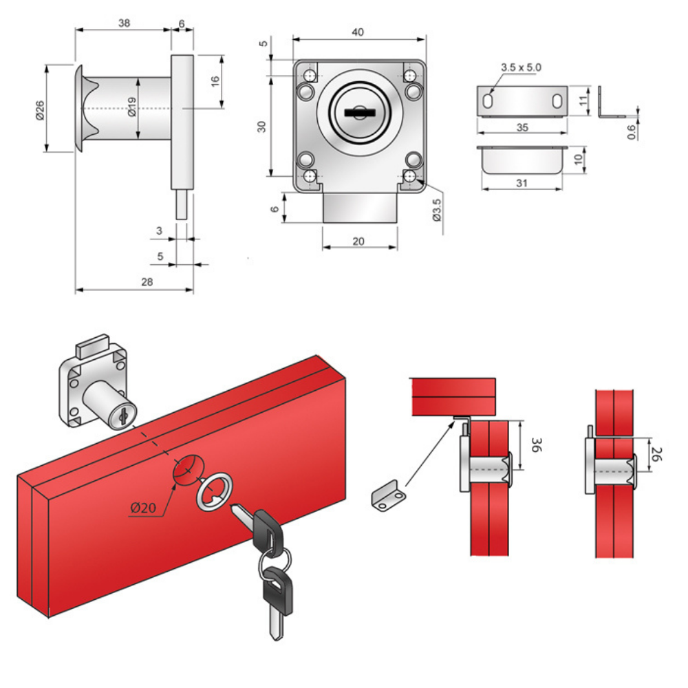 Square Furniture Lock 19x38mm, Chrome (2) – Furnica