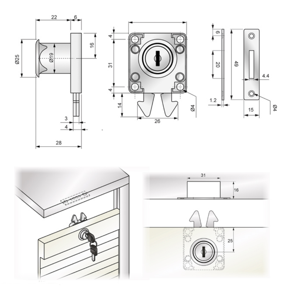Square Lock, Blinds Shutter 19x22mm, Chrome (2) – Furnica