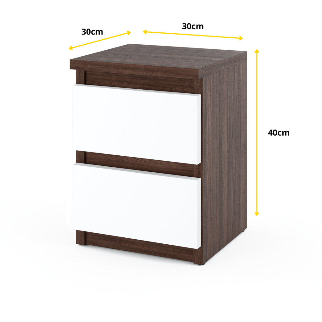 GABRIEL - Bedside Table - Nightstand with 2 drawers - Wenge / White Matt H40cm W30cm D30cm