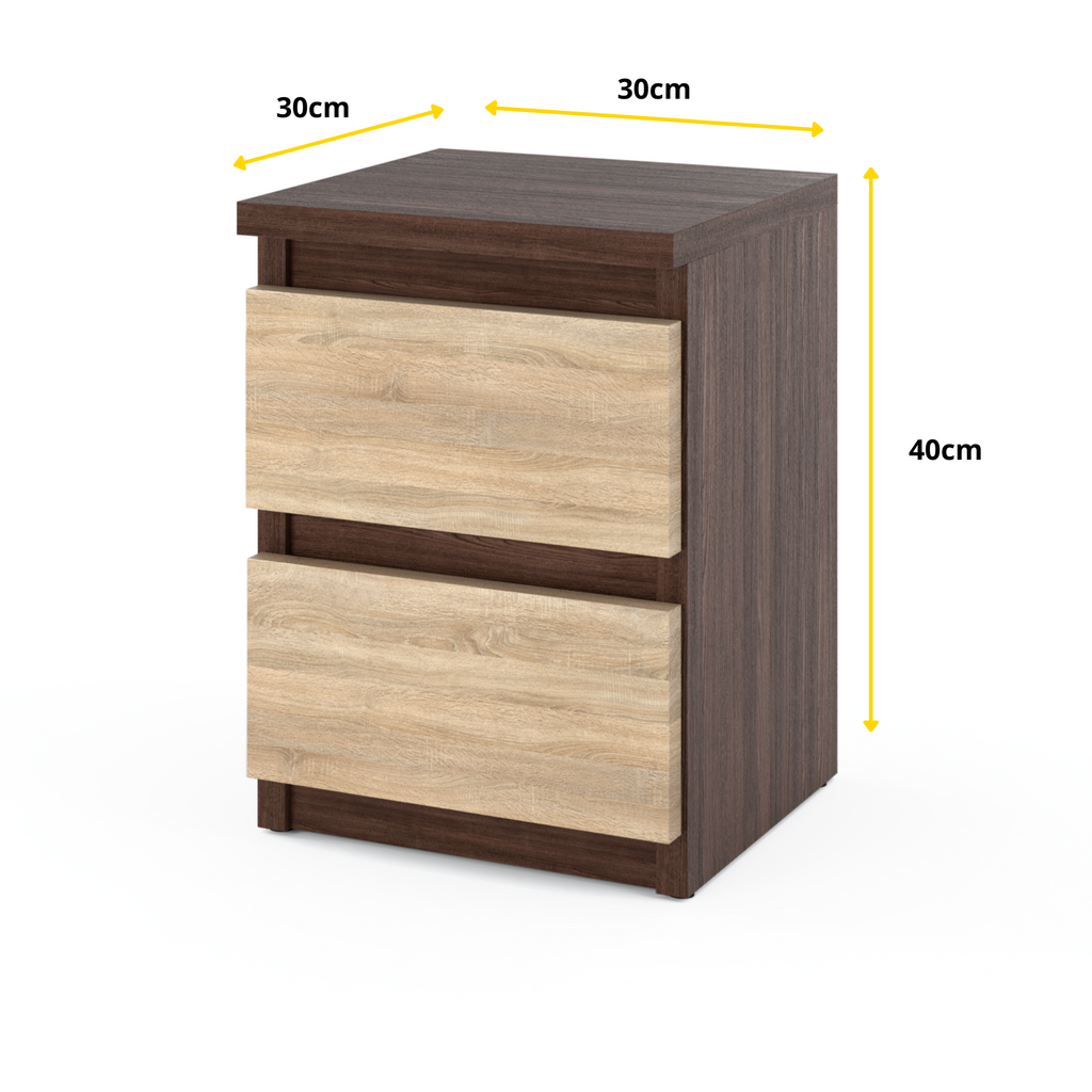 GABRIEL - Bedside Table - Nightstand with 2 drawers - Wenge / Sonoma Oak H40cm W30cm D30cm