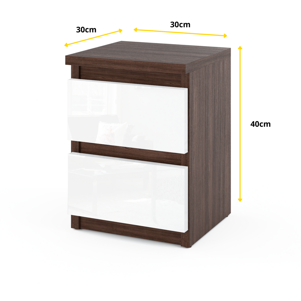 GABRIEL - Bedside Table - Nightstand with 2 drawers - Wenge / White Gloss H40cm W30cm D30cm