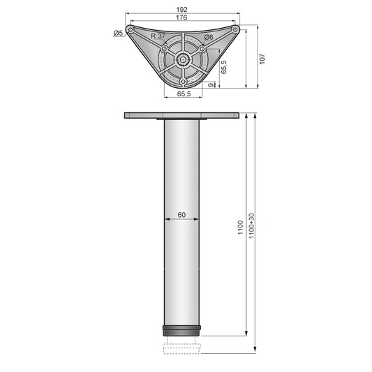 Adjustable Furniture Leg 1100mm - ZnAl Mounting Plate - Brushed Nickel