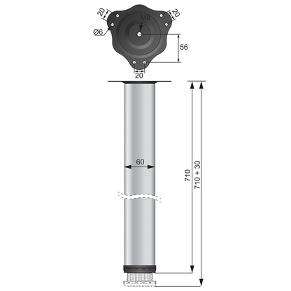 Adjustable Furniture Leg 710mm - Chrome