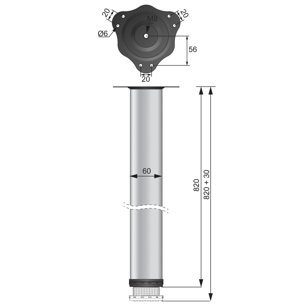 Adjustable Furniture Leg 820mm - Steel Mounting Plate - White