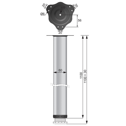 Adjustable Furniture Leg 1100mm - Steel Mounting Plate - Brushed Nickel