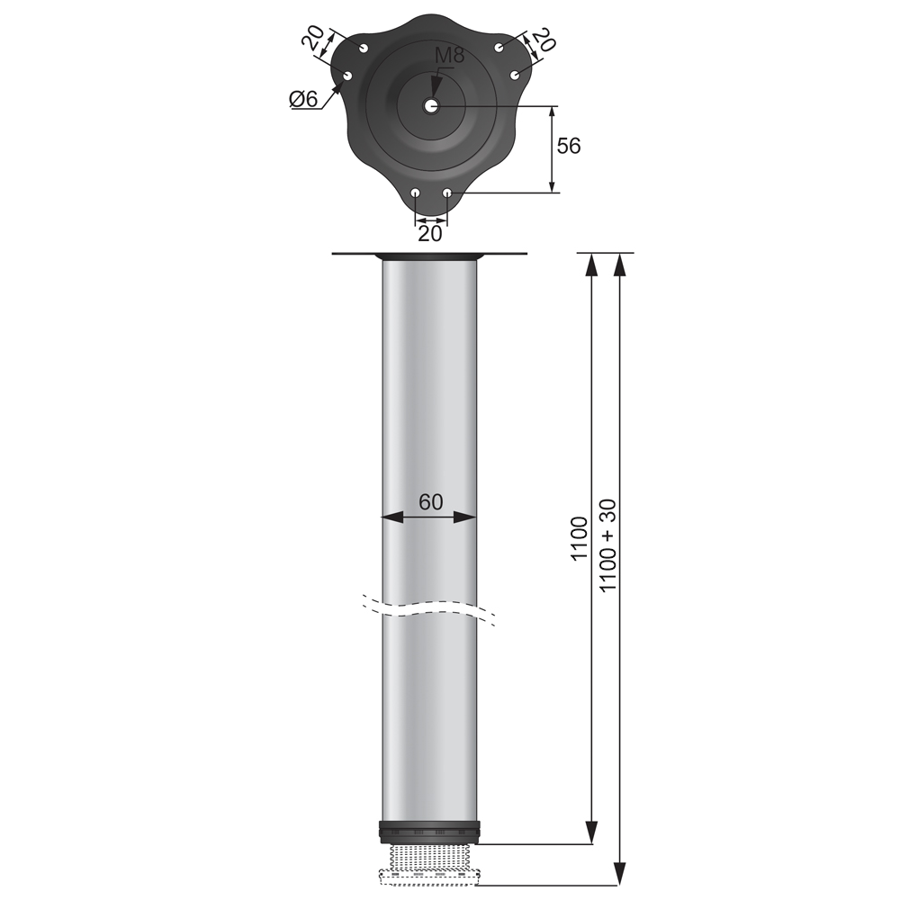 Adjustable Furniture Leg 1100mm - Steel Mounting Plate - Satin