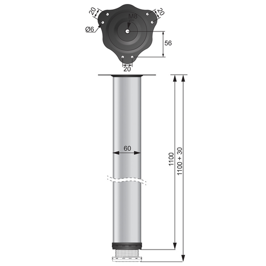 Adjustable Furniture Leg 1100mm - Steel Mounting Plate - Chrome