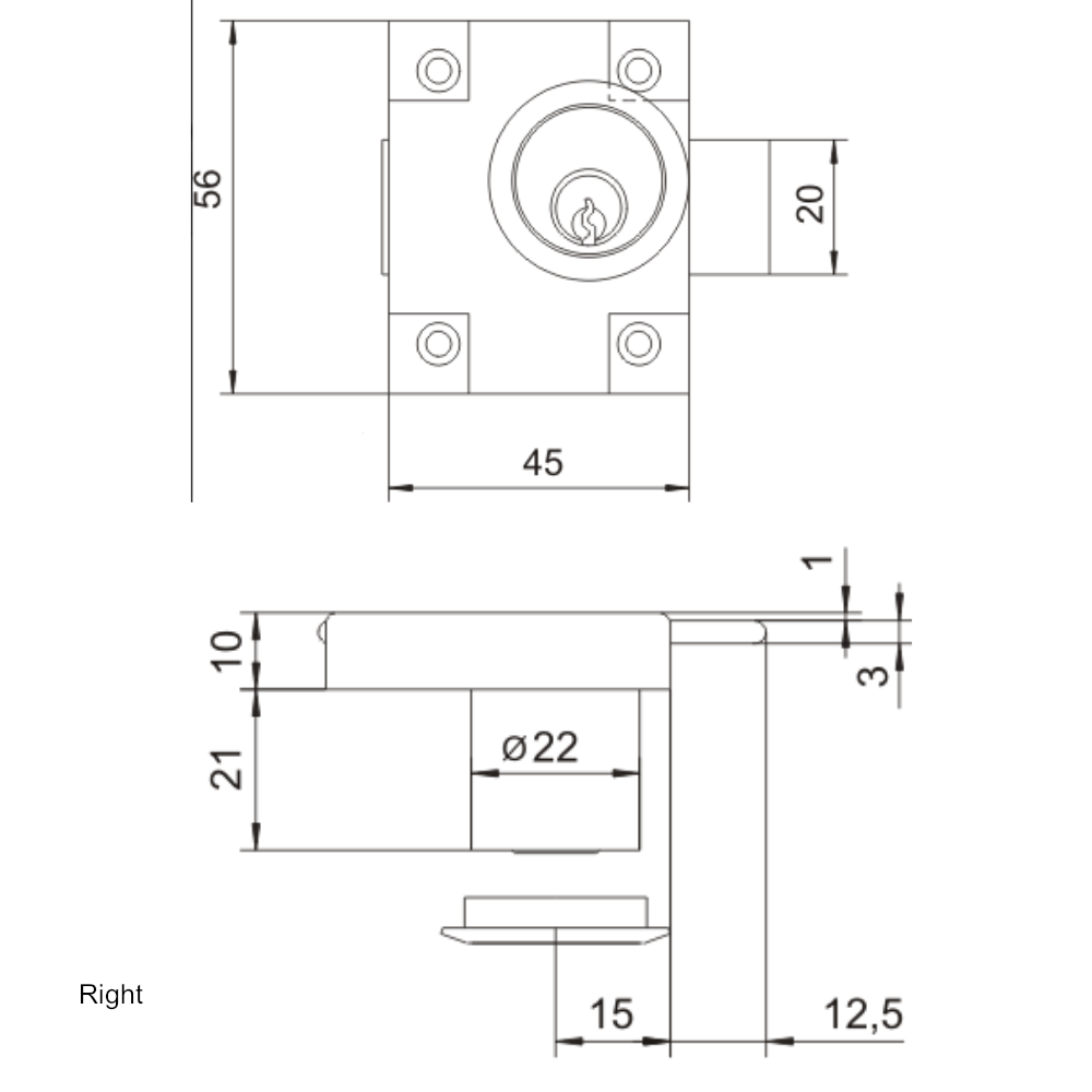 Furniture lock left/right 22x21mm