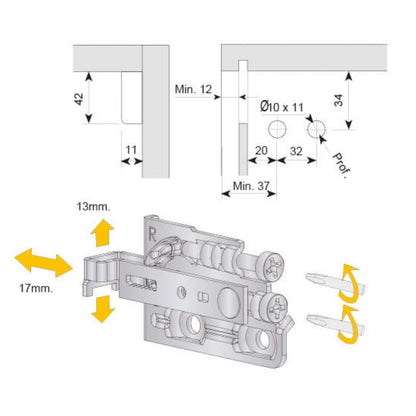 Adjustable cabinet bracket, L+R - 3D Premium - White NTP 