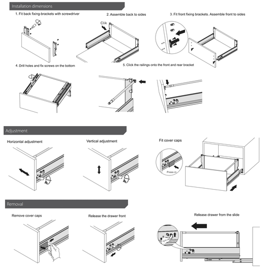 Soft-Close Drawer System, HIGH, H: 185mm, Silver 400mm