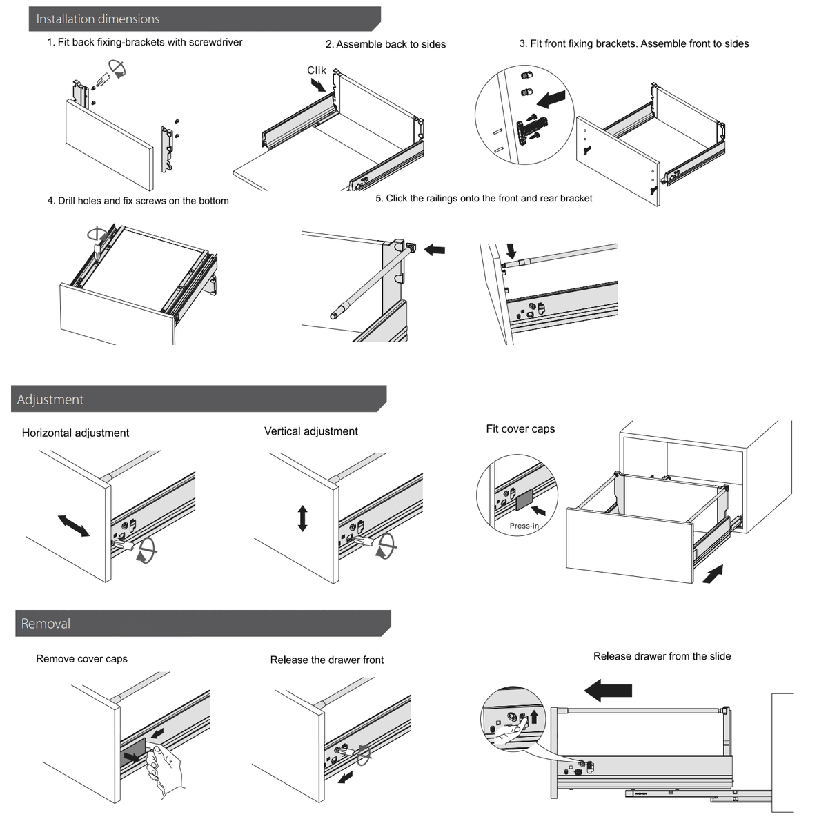 Soft-Close Drawer System, HIGH, H: 185mm, Silver 450mm (3) – Furnica