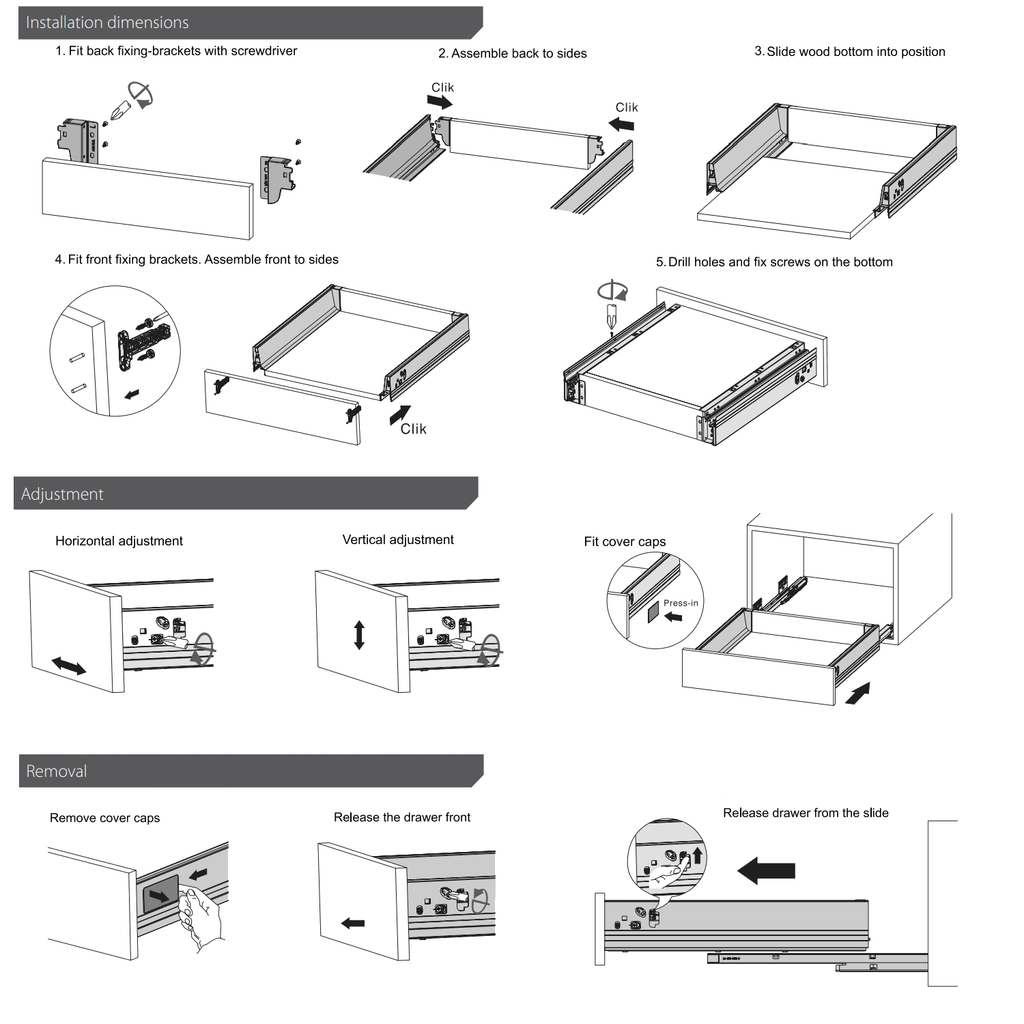 Set of Soft-Close Drawer System, LOW, H: 68mm, Silver