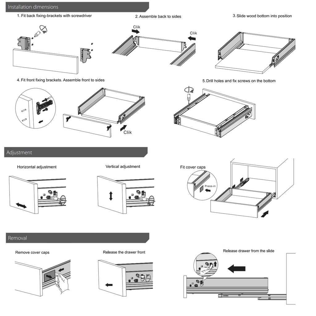 Soft-Close Drawer System, LOW, H: 68mm, White 500mm