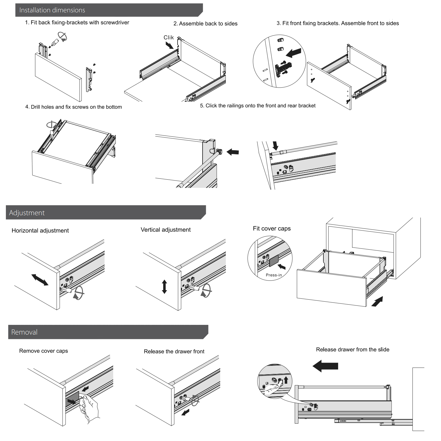 Set of Soft-Close Drawer System, MEDIUM, H: 142mm, Silver (3) – Furnica