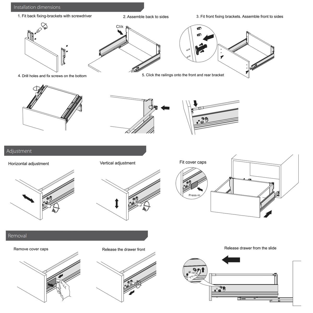Soft-Close Drawer System, MEDIUM, H: 142mm, Silver 500mm (3) – Furnica