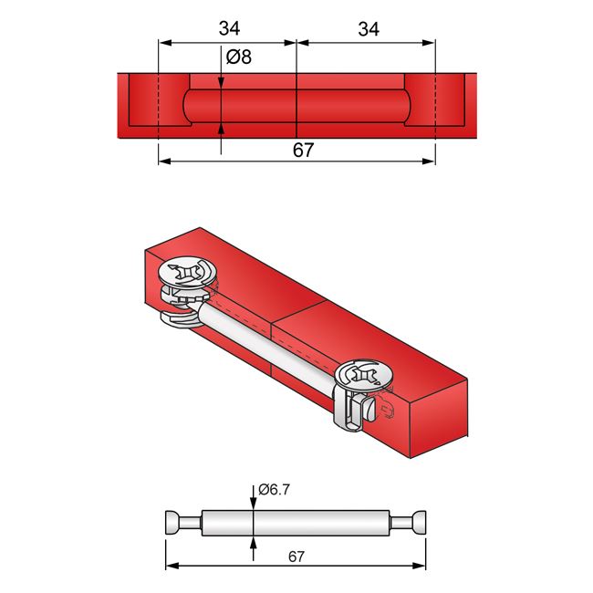 Double-Sided Cam Dowel 34+18+34mm