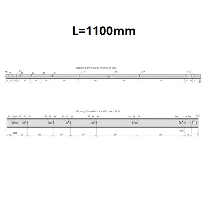 Drawer runners ball bearing 1100mm - H53 (right and left side) Furnica 