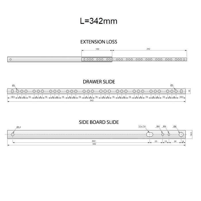 Drawer runners ball bearing 342mm - H17 (right and left side)