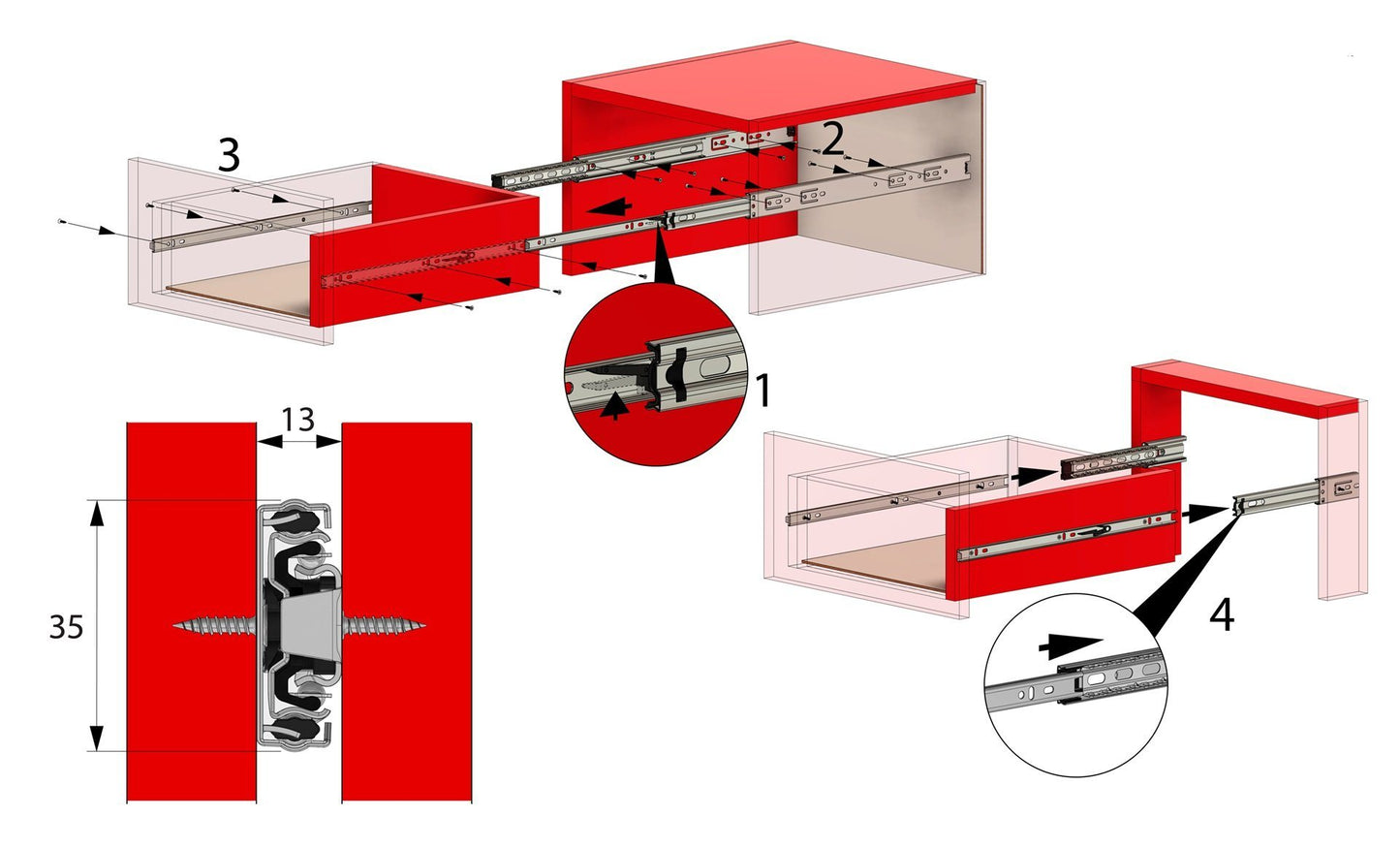 Drawer runners ball bearing 350mm - H35 (right and left side) Furnica 