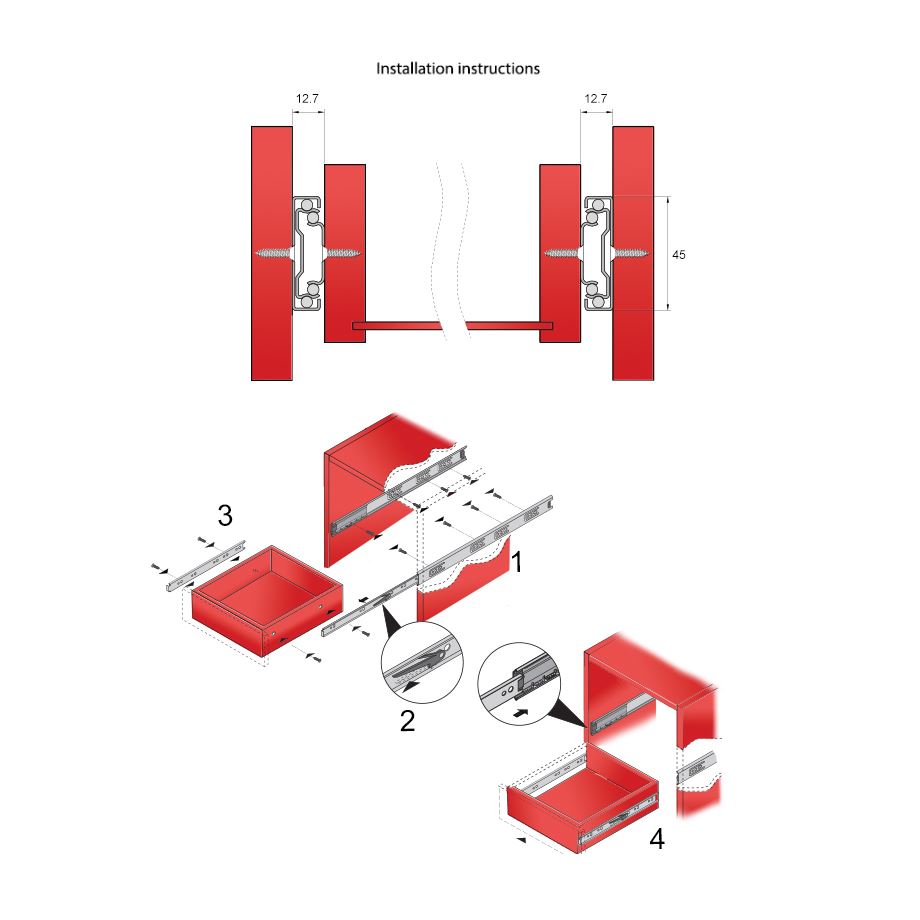 Drawer runners ball bearing 350mm - H45 (right and left side)