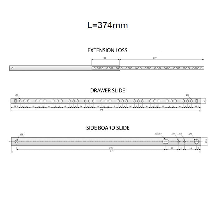 Drawer runners ball bearing 374mm - H17 (right and left side)