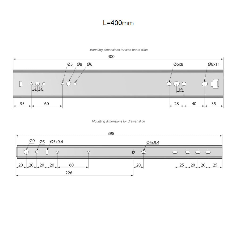 Drawer runners ball bearing 400mm - H53 (right and left side)