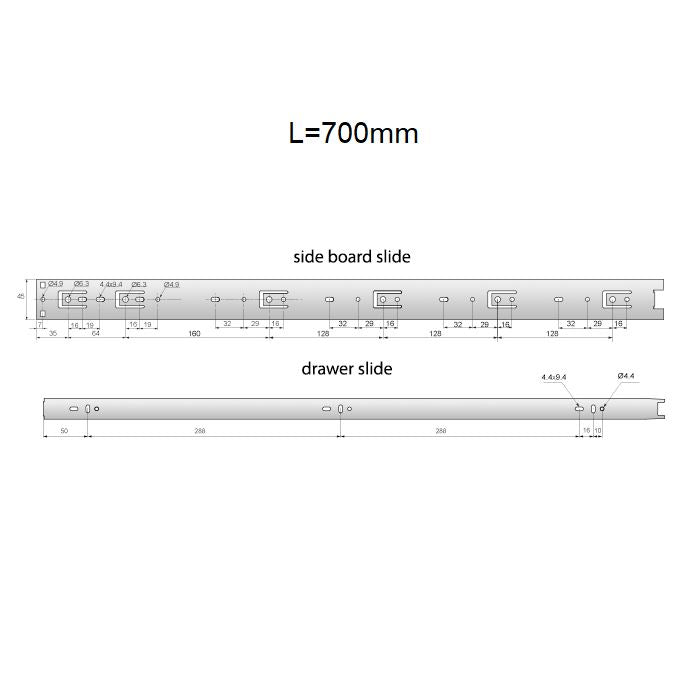 Drawer runners ball bearing 700mm - H45 (right and left side)