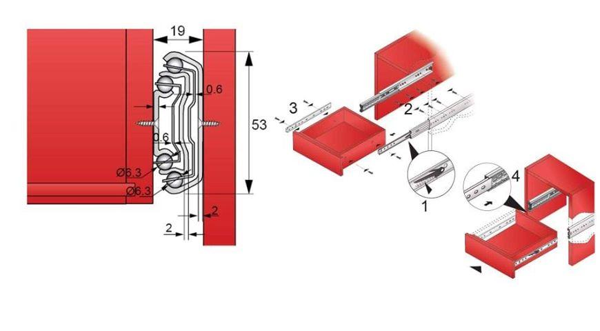 Drawer runners ball bearing 750mm - H53 (right and left side)