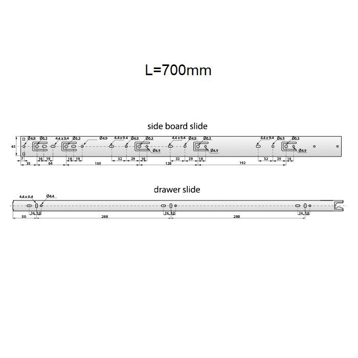 Drawer runners push to open 700mm - H45 (right and left side)