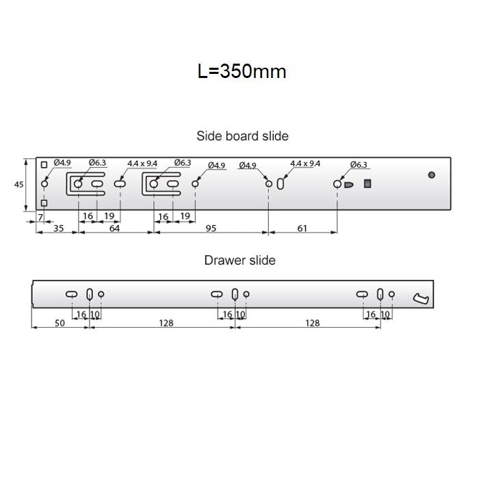 Drawer runners soft-close 350mm - H45 (right and left side)