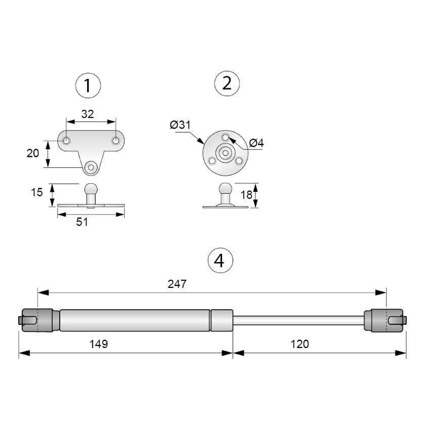 Gas Strut 250mm White - 50N Furnica 