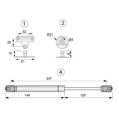 Gas Strut 250mm White - 80N Furnica 