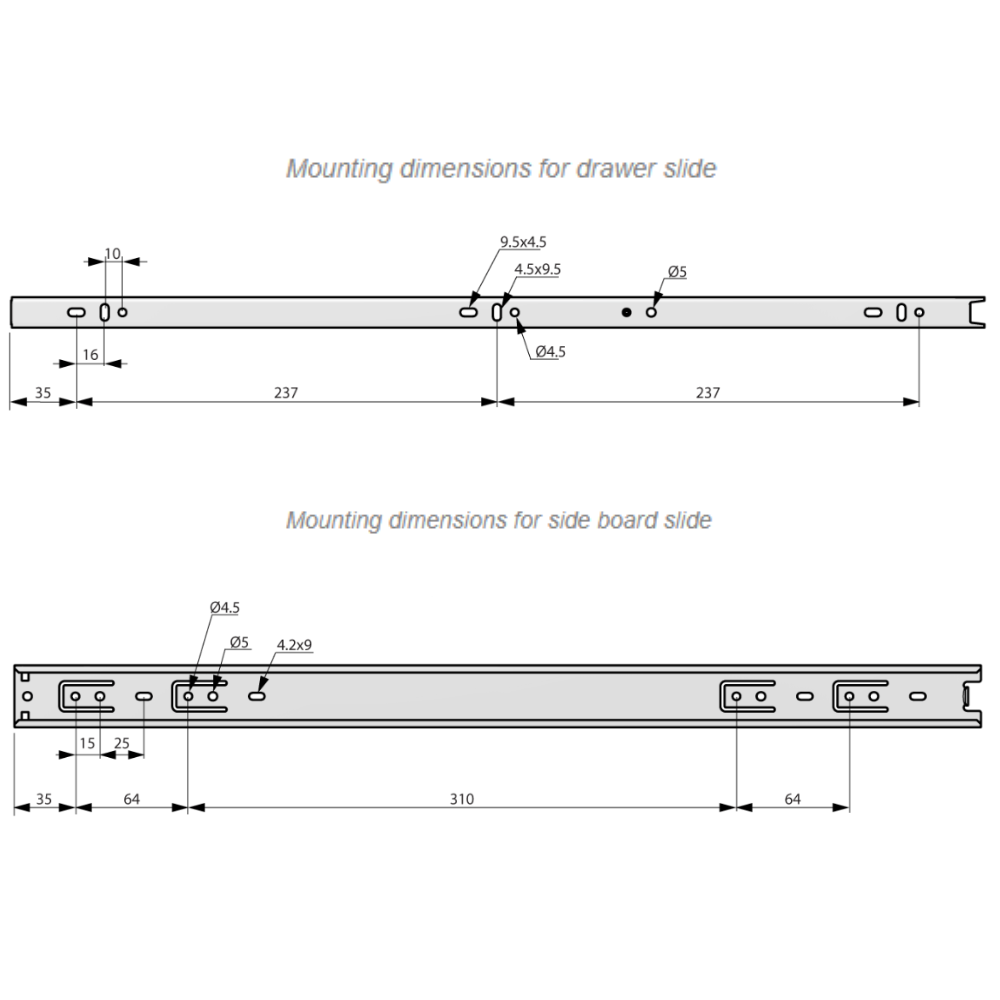 Drawer runners ball bearing 550mm - H35 (right and left side)