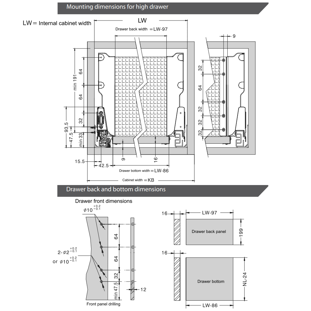 Set of Soft-Close Drawer System, HIGH, H: 185mm, Silver