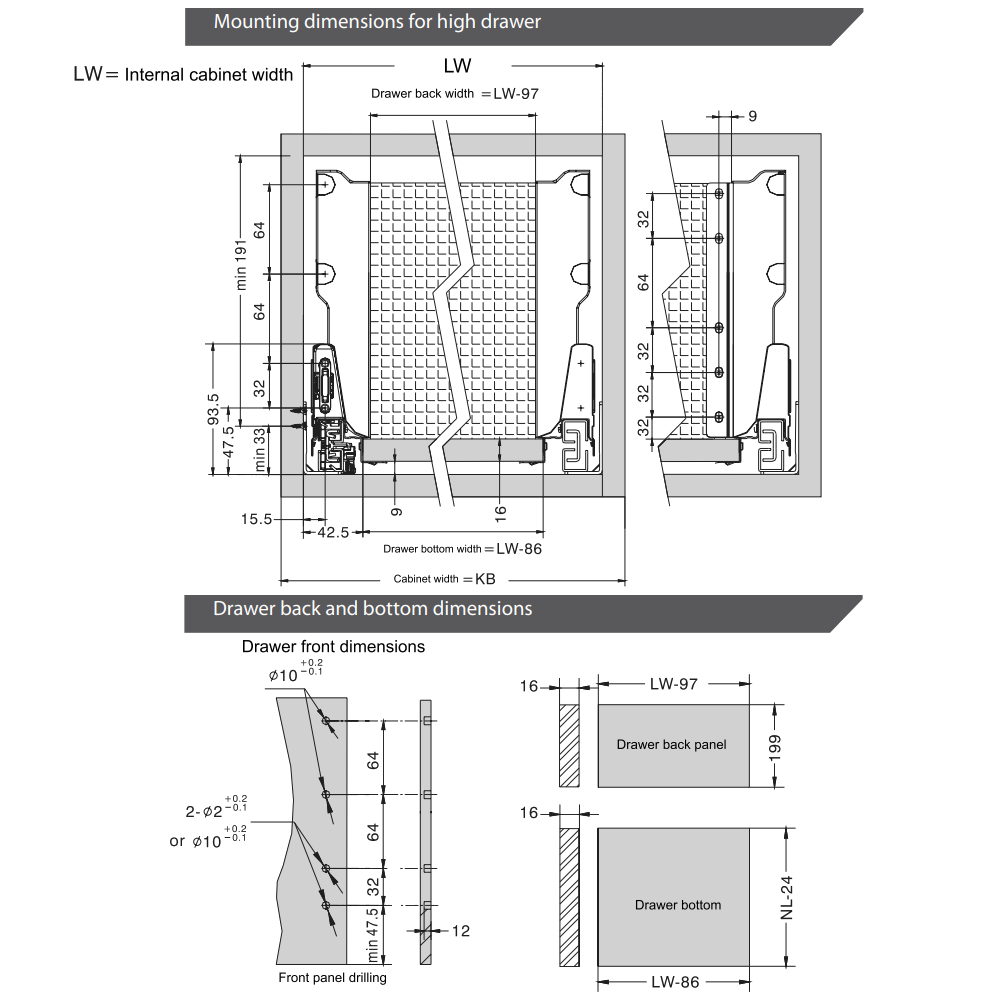 Soft-Close Drawer System, HIGH, H: 185mm, White 500mm