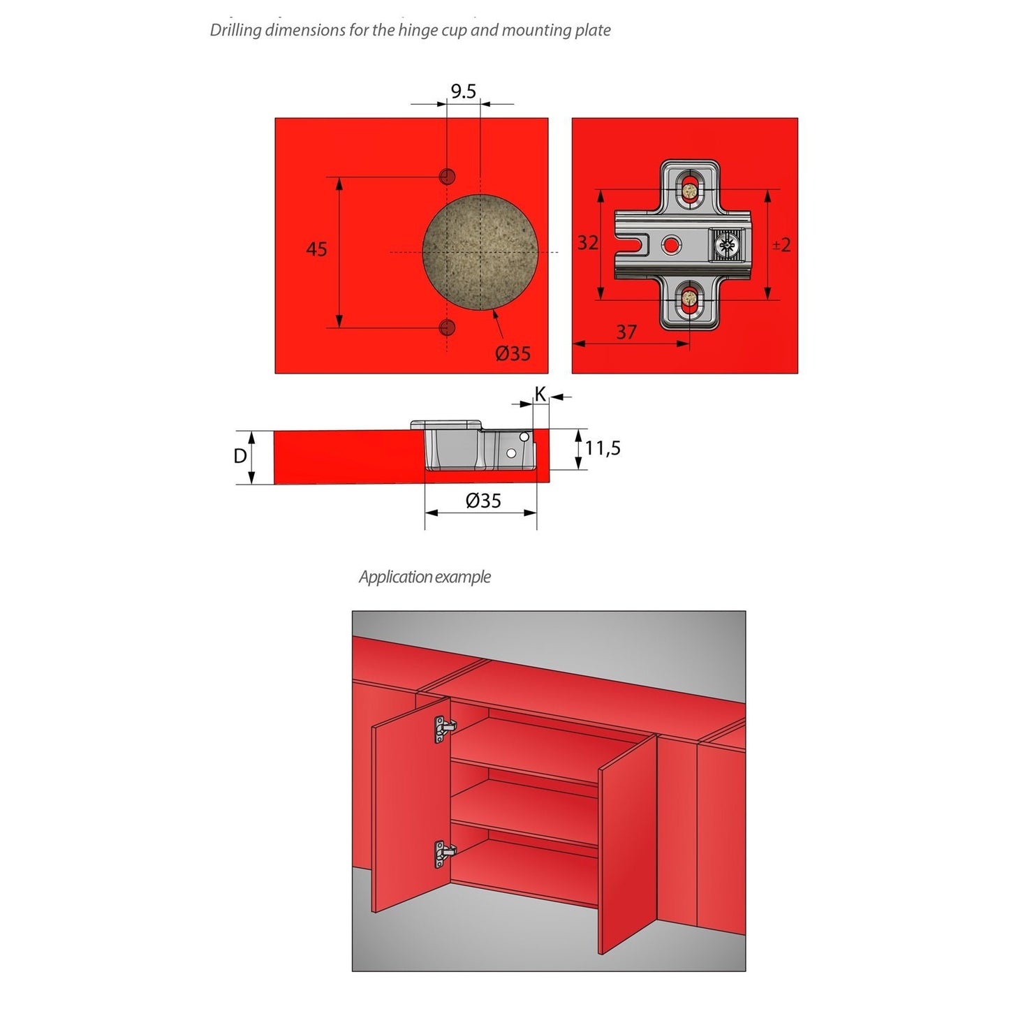 Hinge, H2 Mounting Plate with EURO Screws, Parallel Doors Standard Furnica 
