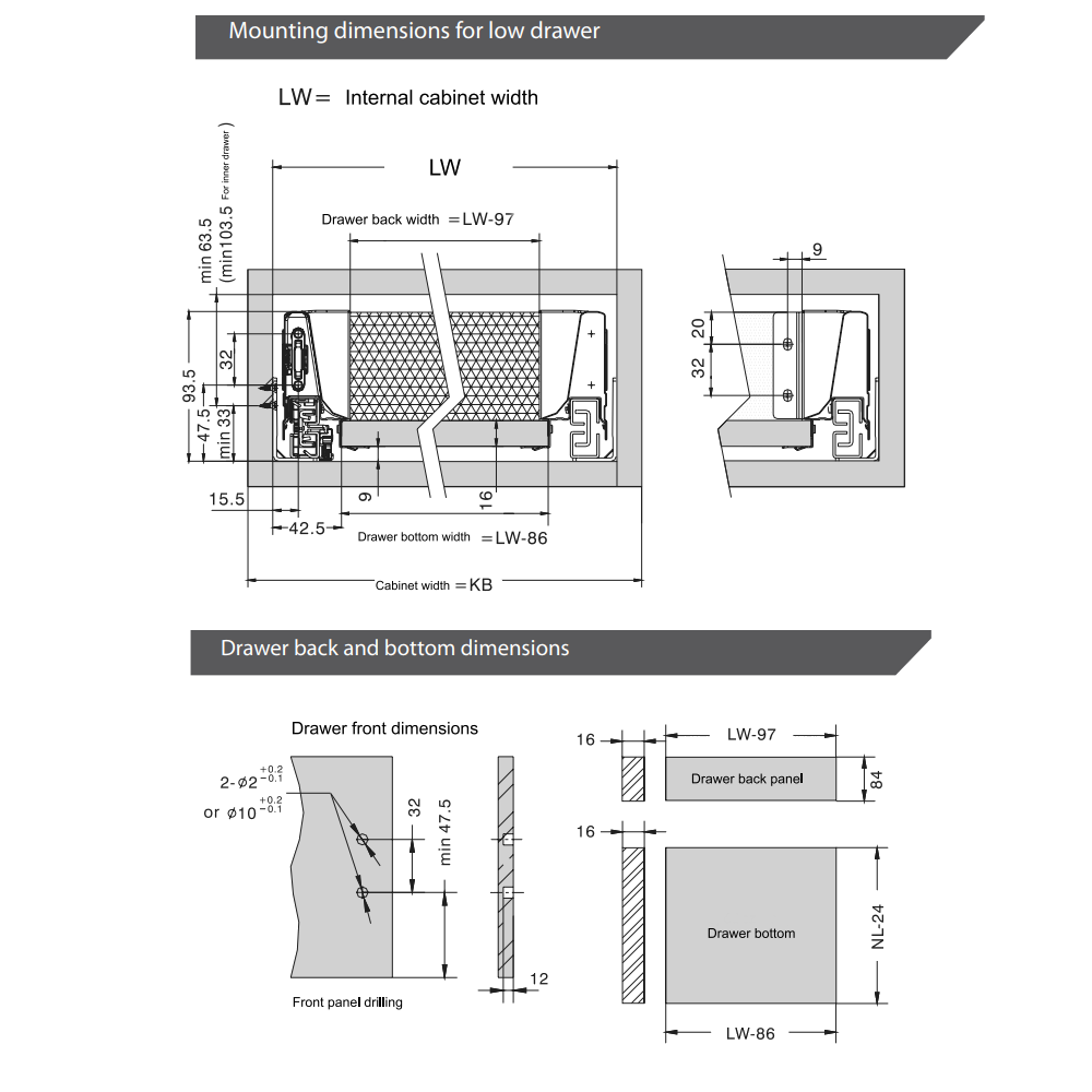 Soft-Close Drawer System, LOW, H: 68mm, Silver 500mm