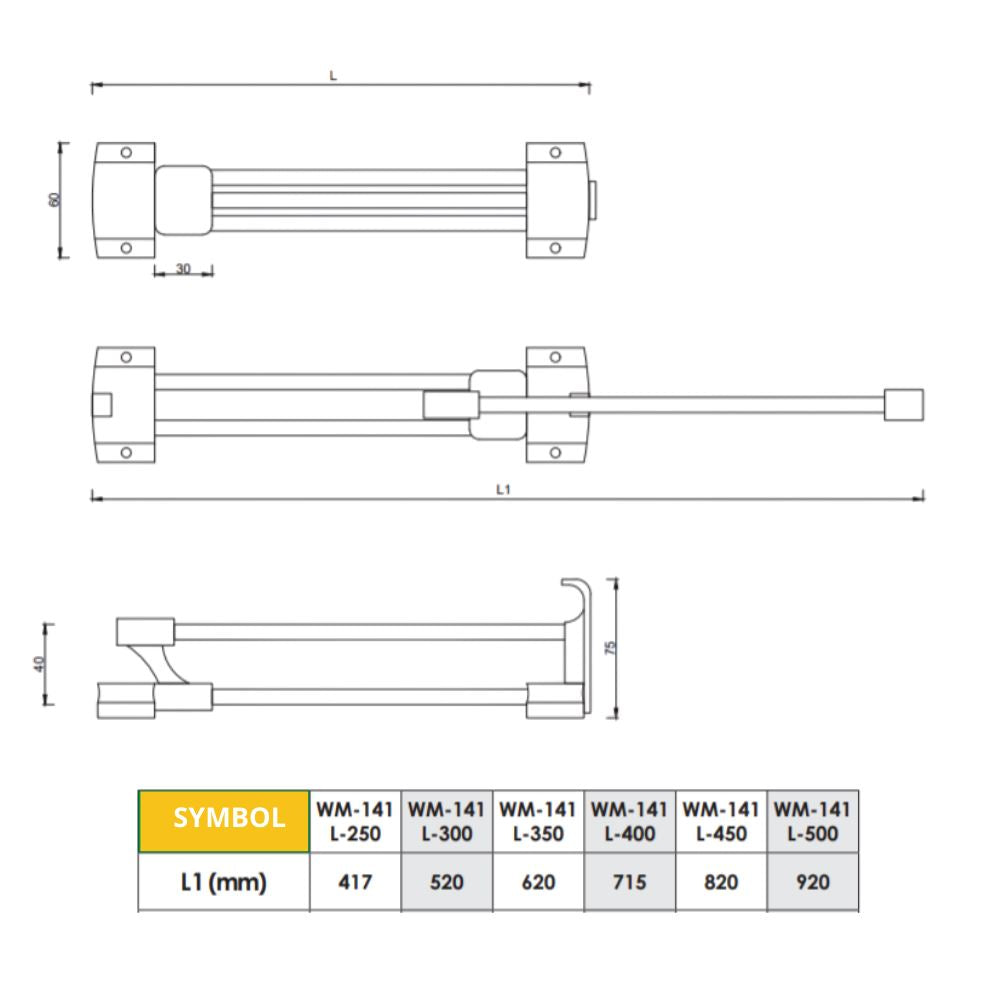 Retractable wardrobe hanger 250mm - Chrome NTP 