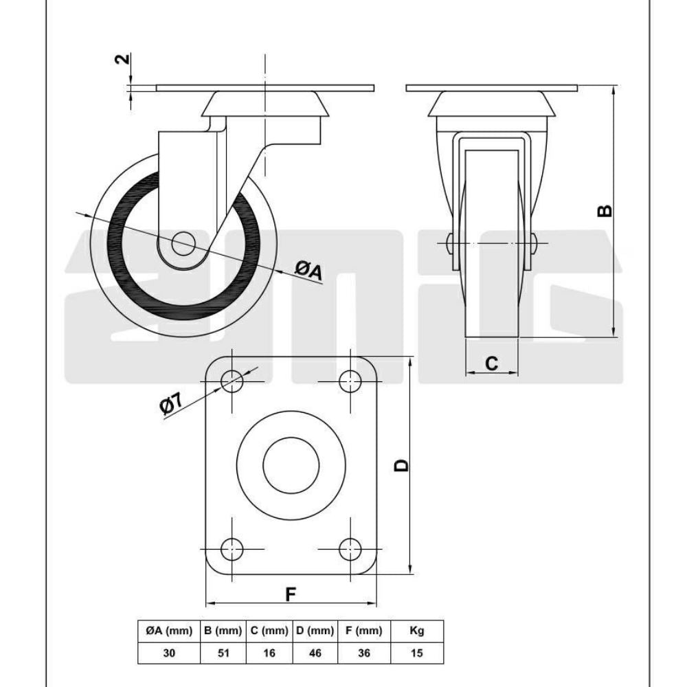 Rubber castor wheel Ø30mm Furniture wheels AMIG 
