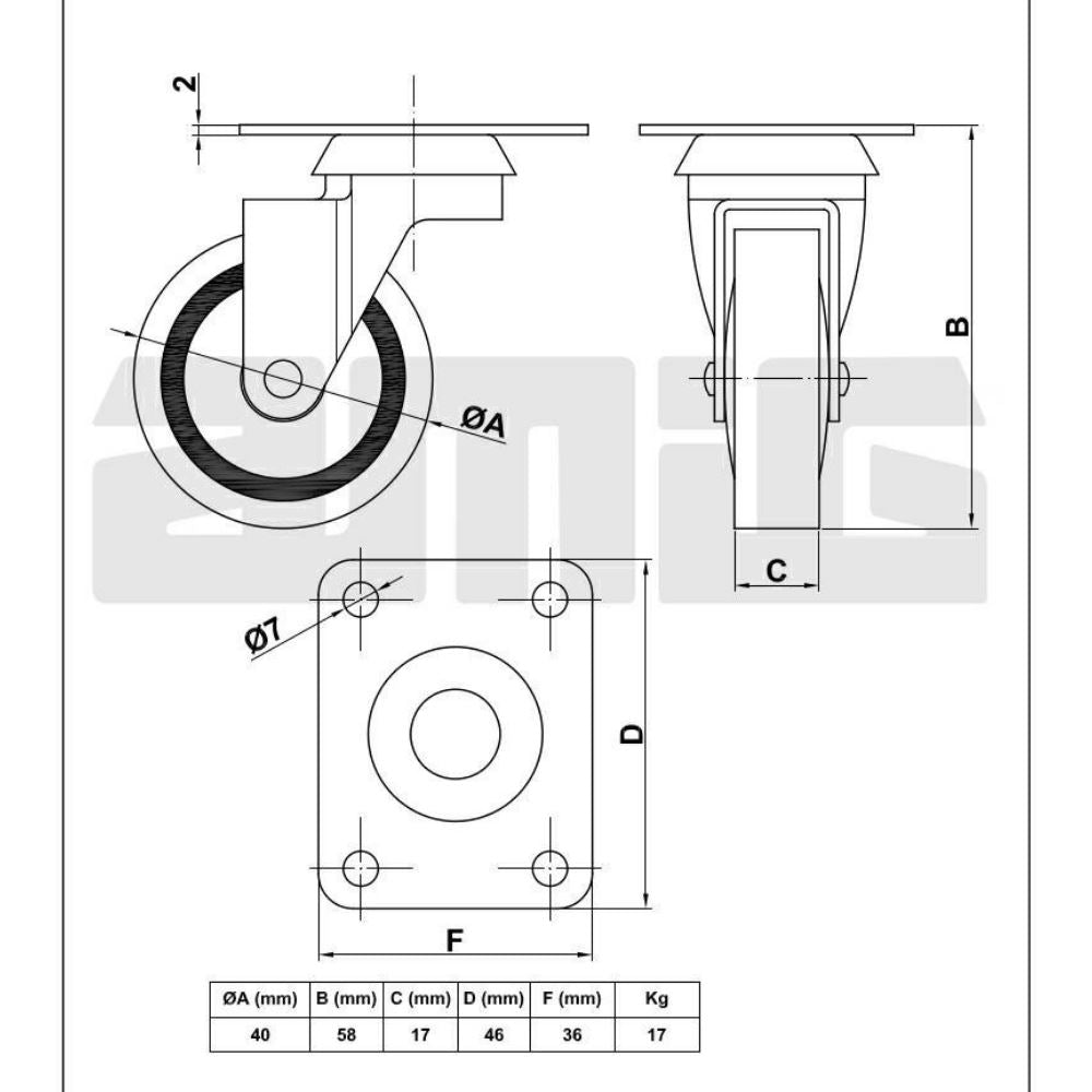 Rubber castor wheel Ø40mm Furniture wheels AMIG 