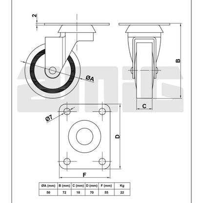 Rubber castor wheel Ø50mm Furniture wheels AMIG 