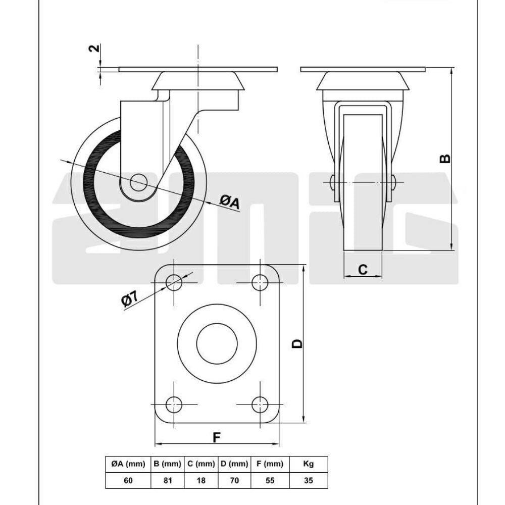 Rubber castor wheel Ø60mm Furniture wheels AMIG 