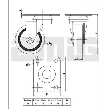 Rubber castor wheel Ø60mm Furniture wheels AMIG 