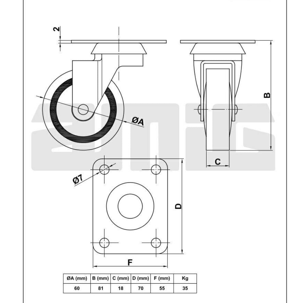 Rubber castor wheel Ø60mm