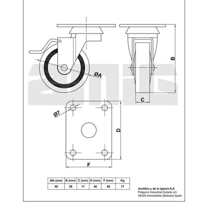 Rubber castor wheel with brake Ø40mm Furniture wheels AMIG 